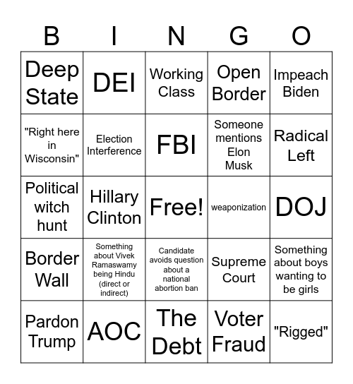 2023 First GOP Debate Bingo Card