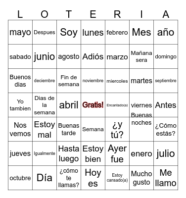 Spanish Vocabulary Bingo Card