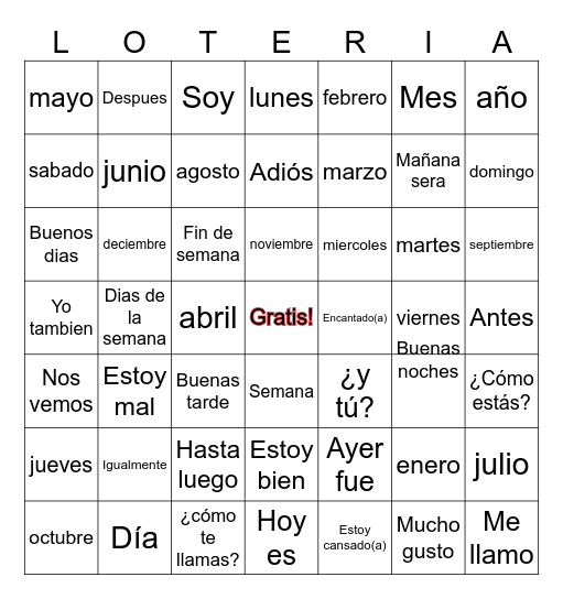 Spanish Vocabulary Bingo Card