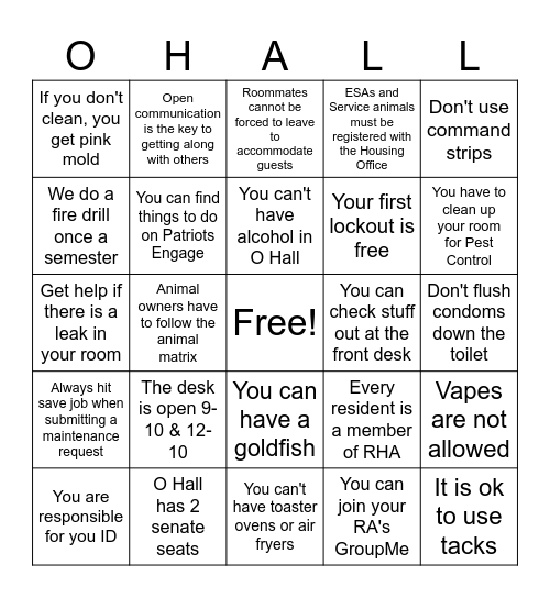 O Hall Mandatory Meeting Bingo Card