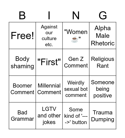 Internet Comment Section Bingo Card