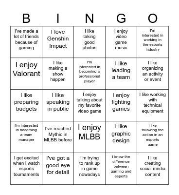 Esports Ice Breaker Bingo Card