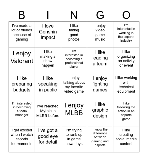 Esports Ice Breaker Bingo Card