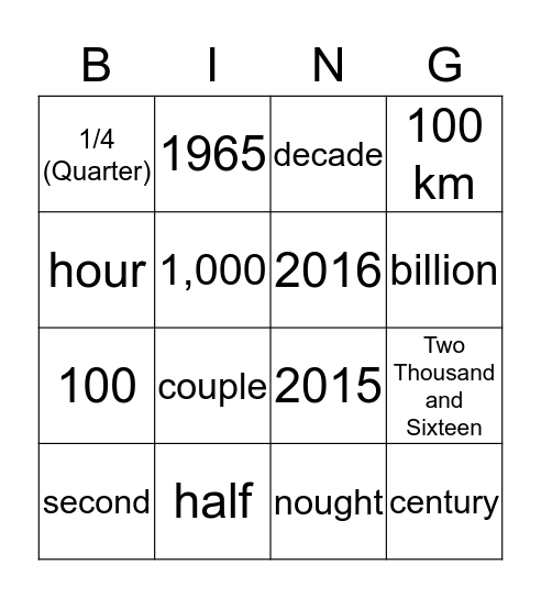 Numbers & Eras Bingo Card