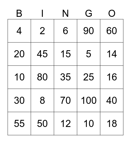 Multiplication Bingo Card