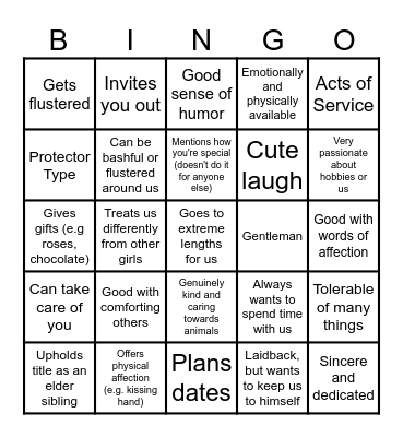 The best qualities in a man Bingo Card