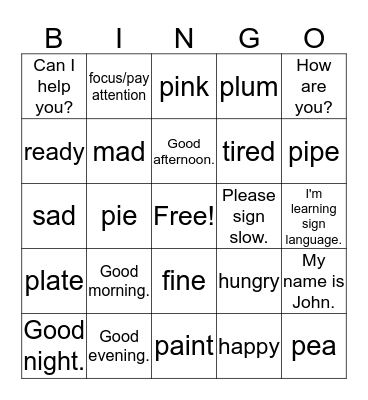 Sign Language Basics Bingo Card