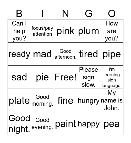 Sign Language Basics Bingo Card