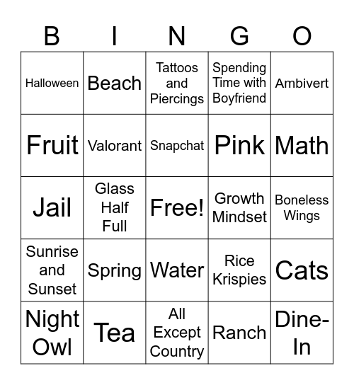 Personality Bingo Card