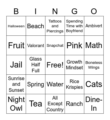 Personality Bingo Card