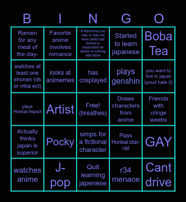 Cringe Weeb Bingo Card