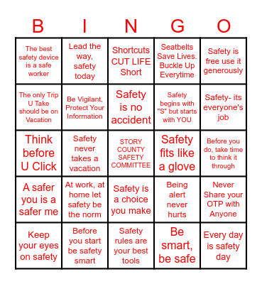 SAFETY SLOGAN Bingo Card