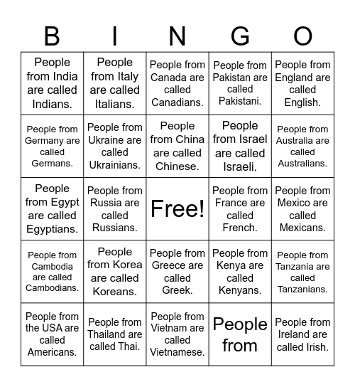 Countries and Nationalities Bingo Card