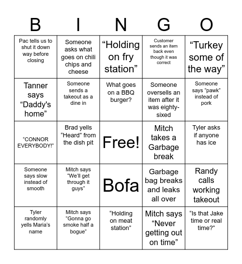 Kitchen Bingo Card