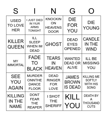 842 KILL MURDER DEAD Bingo Card