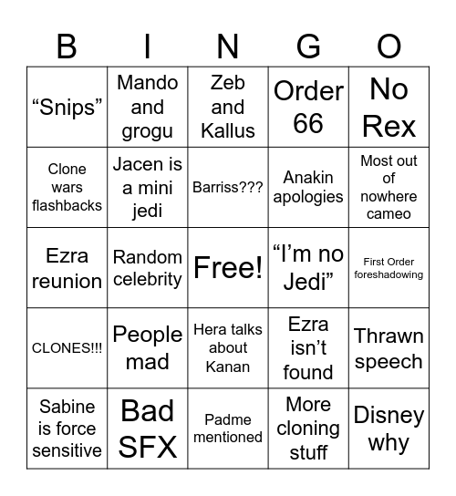 Ahsoka Bingo Card