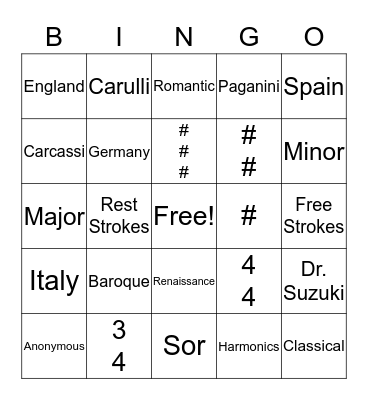 Suzuki Guitar  Bingo Card