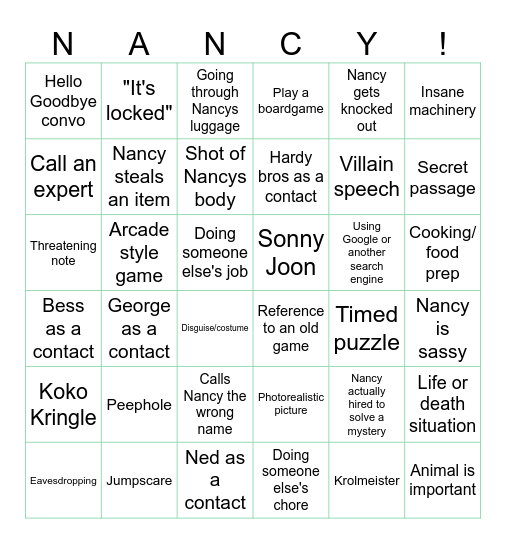Nancy Drew Bingo Card