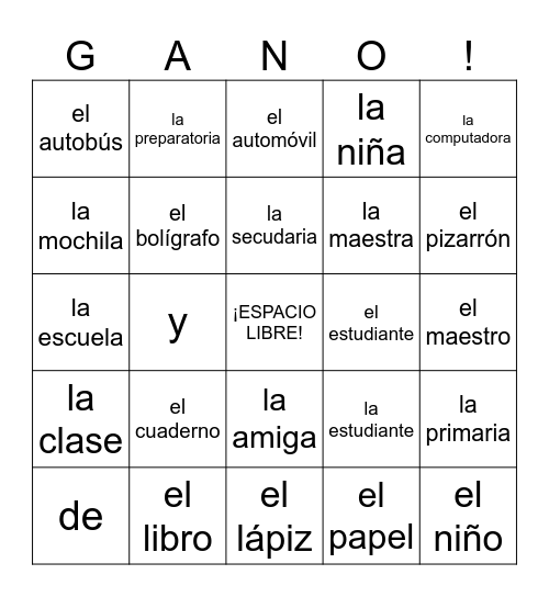 Spanish 1 Unit 1 Bingo Card