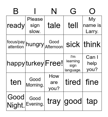 Sign Language Basics Bingo Card