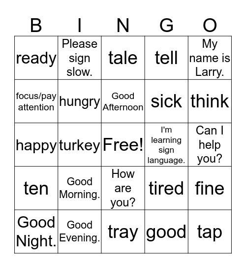 Sign Language Basics Bingo Card