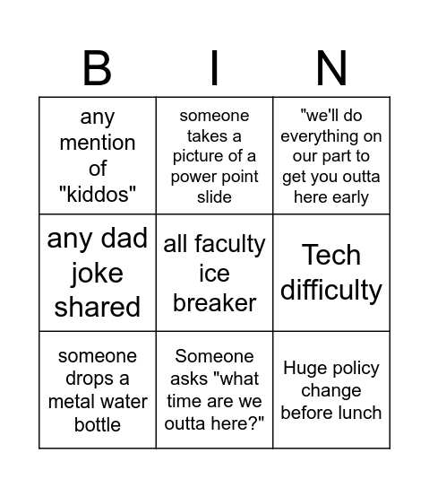 Staff Meeting "BIN" Bingo Card