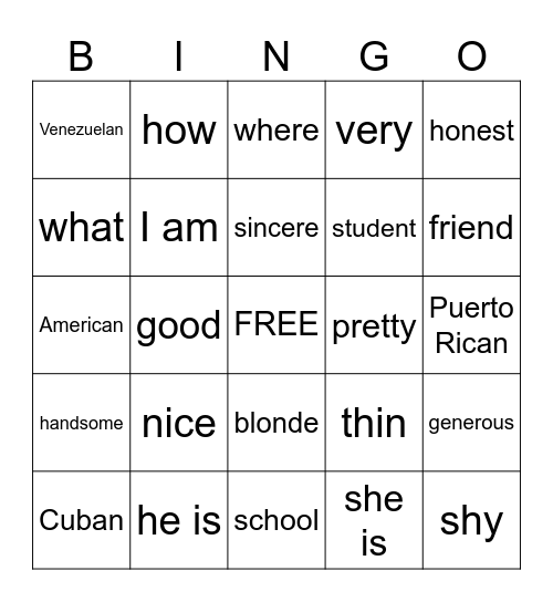 Chapter 1 Vocab Bingo Card