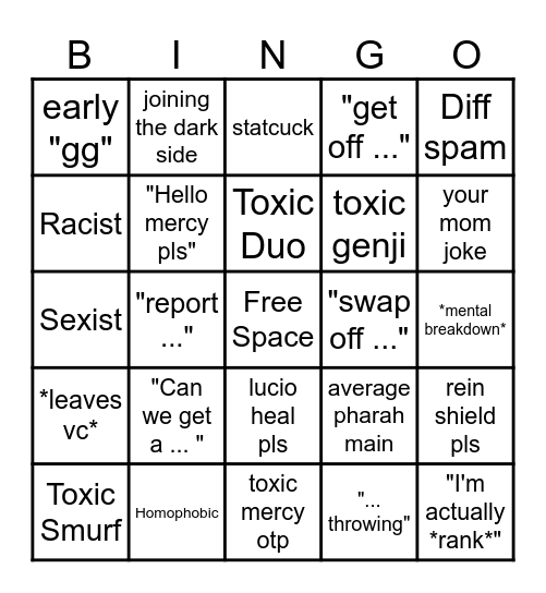 Overwatch Toxicity Board Bingo Card