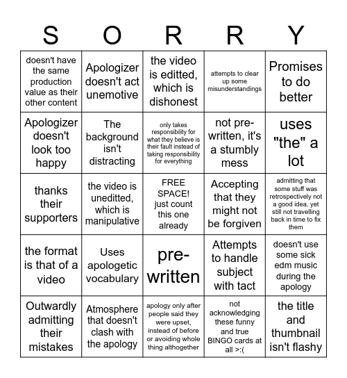 Video Apology Bingo Card