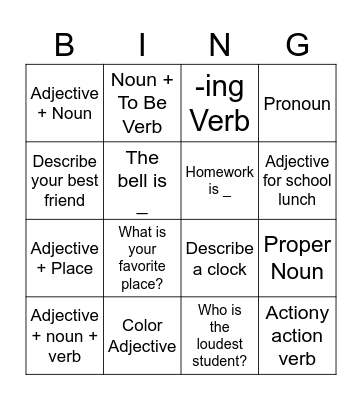 Nouns, Adjectives, Verbs Bingo Card