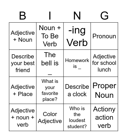 Nouns, Adjectives, Verbs Bingo Card