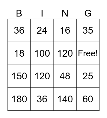 Multiplication Bingo Card