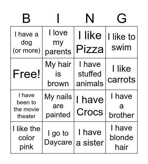 All About Me Bingo Card