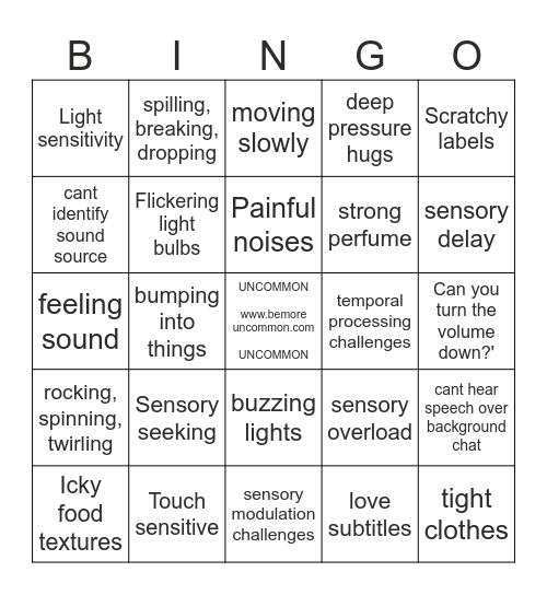 Uncommon Sensory Bingo Card