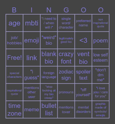 DISCORD LIST BIO BINGO CARD Bingo Card