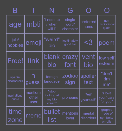 DISCORD LIST BIO BINGO CARD Bingo Card