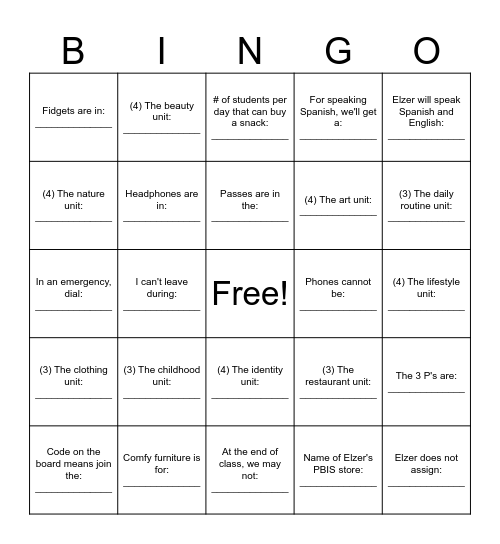 Spanish 3 and 4 Bingo Card