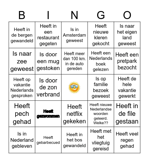 Vakantie Bingo Card