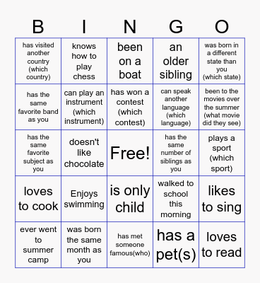 Middle School Bingo Card