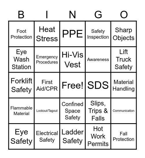 SSD Safety Bingo Card