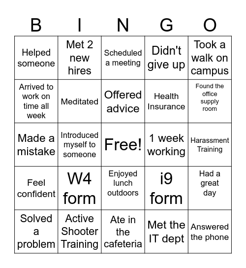 New Employee Bingo Card