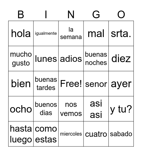 Spanish Bingo Card