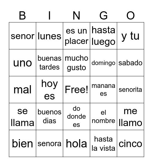 spanish Bingo Card