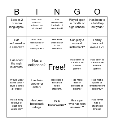 Ice Breaker Bingo Card