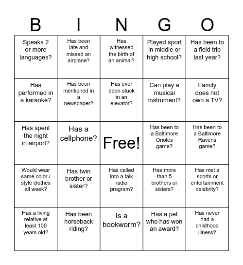 Ice Breaker Bingo Card