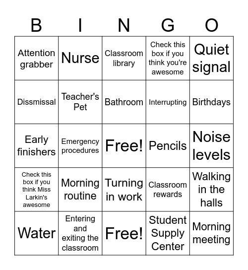 Miss Larkin's Classroom Procdures Bingo Card