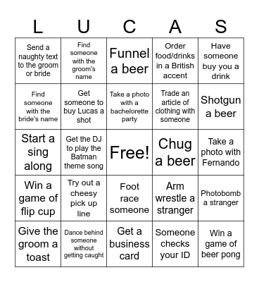 Bachelor Party Bingo Card