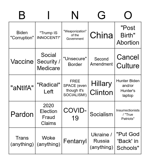 2023 GOP Debate Bingo Extravaganza! Bingo Card