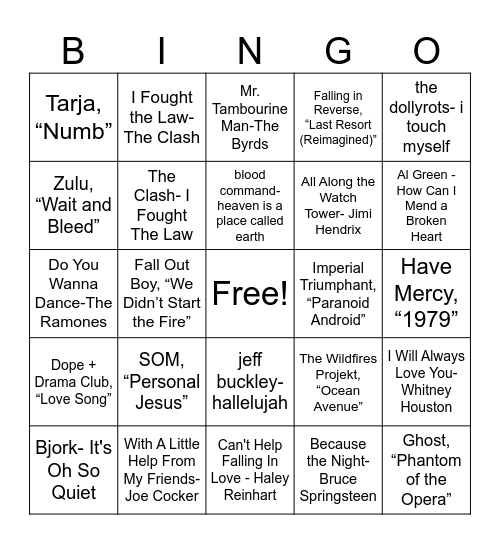 Cover Songs Bingo Card