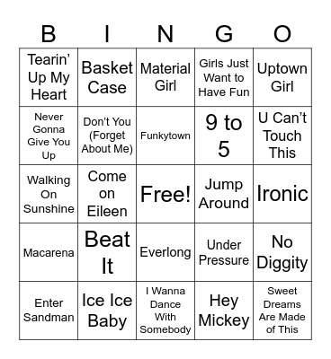 80s & 90s Music Bingo Card
